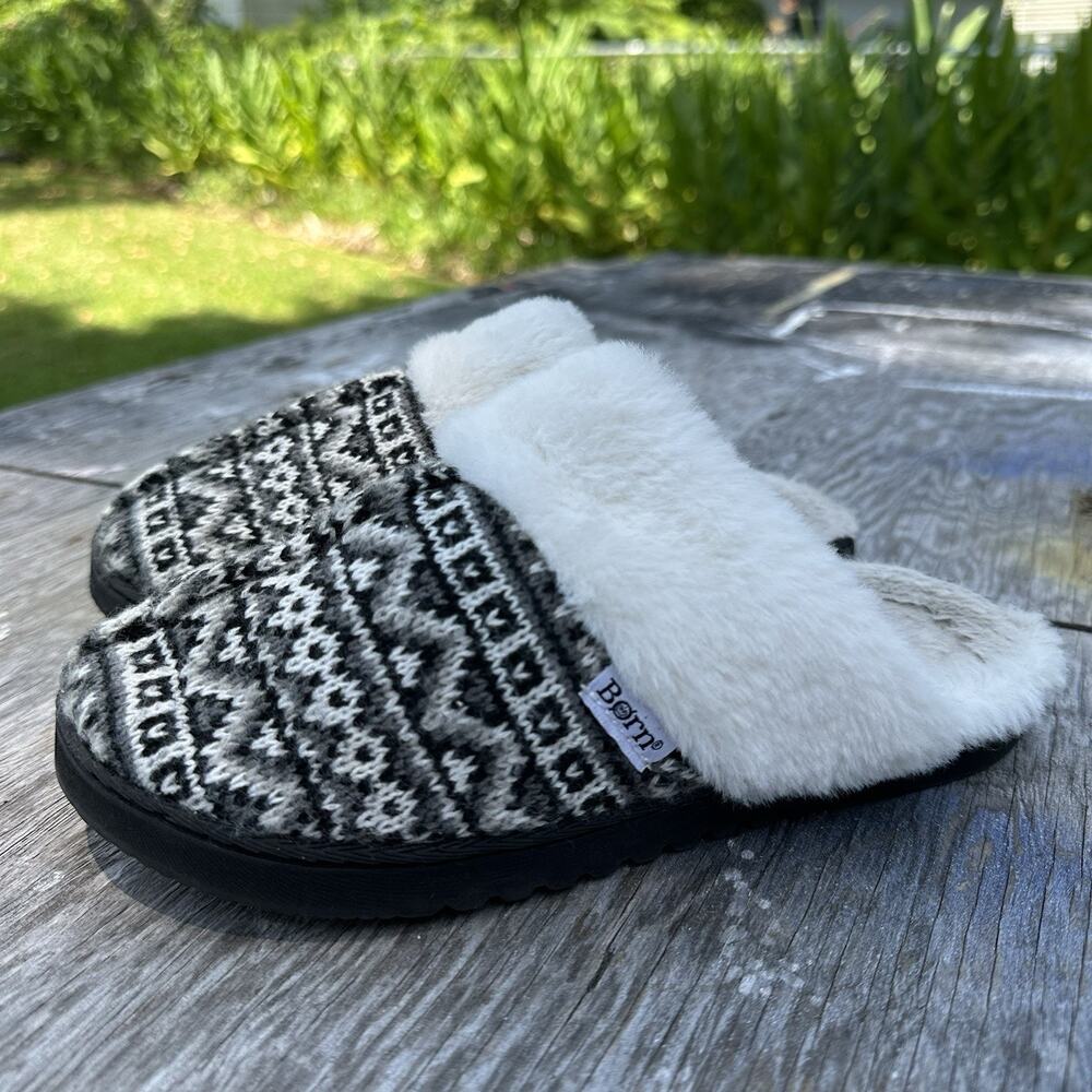 Born Fair Isle Faux Fur Scuff Slip On Black Small Size 5 - 6 Slippers - 700